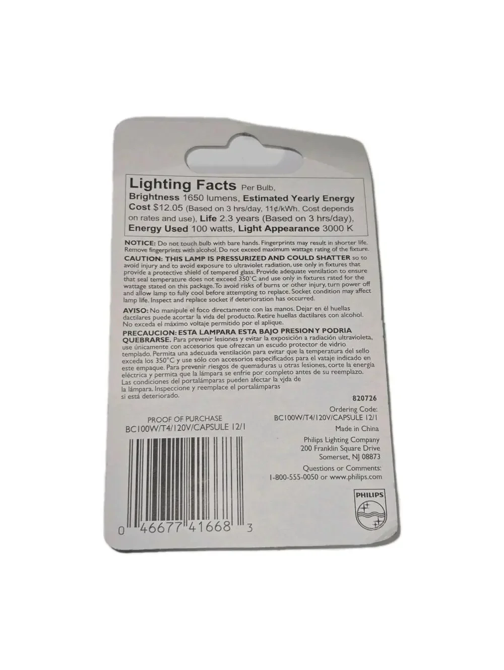 Philips 100W 120V 1650 Lumens Clear GY8.6 Base T4 Light Bulb Outdoor Security